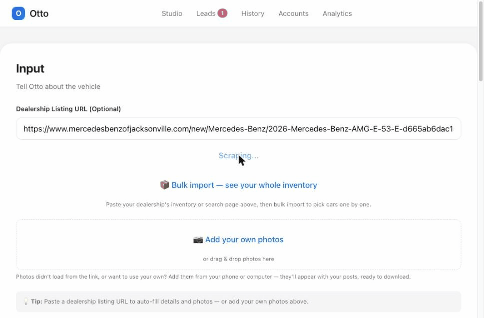 Otto demo: pasting a dealership link auto-fills the vehicle and generates social media posts with real photos
